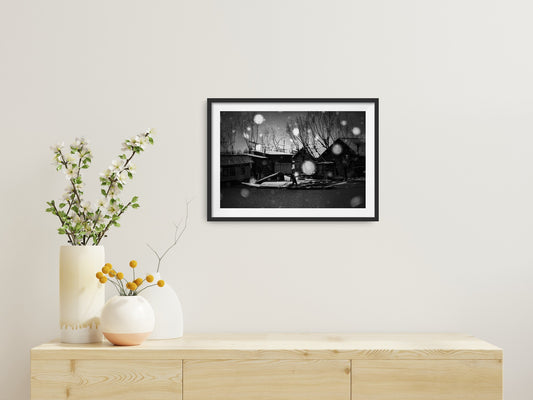 Boatman in Snowfall on Dal Lake as Darkness Descends - Fineart archival print, wallart