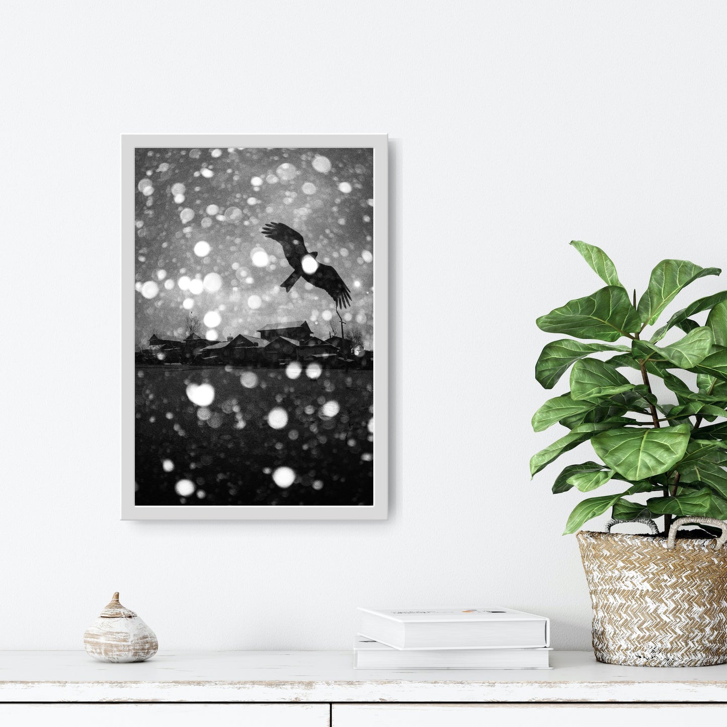 Raven in Snowfall Over Dal Lake - Fineart archival print, wallart