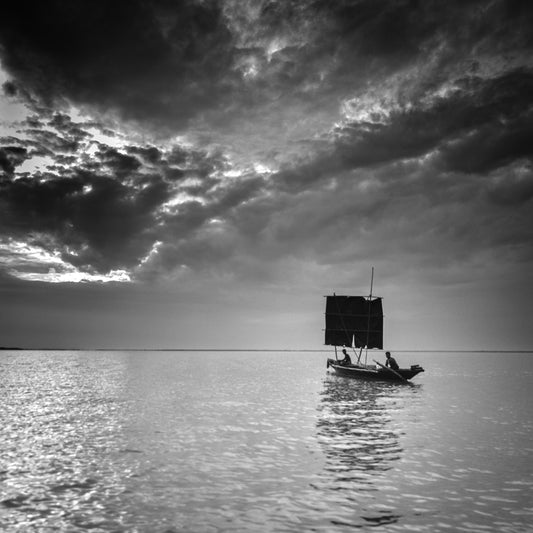 Boat on Chilka Lake Under Cloudy Sky  - Fineart archival print, wallart