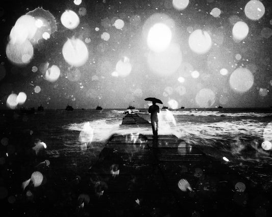 Man Standing on Pier Near Bay of Bengal on Stormy Rainy Day - Fineart archival print, wallart